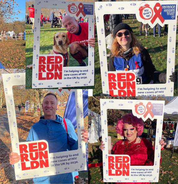Collage of runners and supporters holding up Red Run London frames.