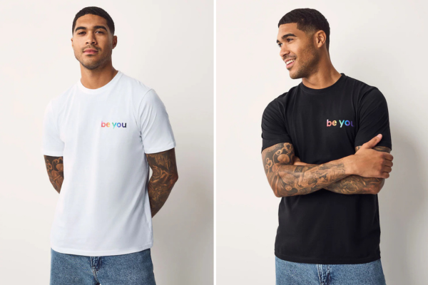 Two photos of a model - he's wearing white and black tshirts with the words 'Be you' on them.