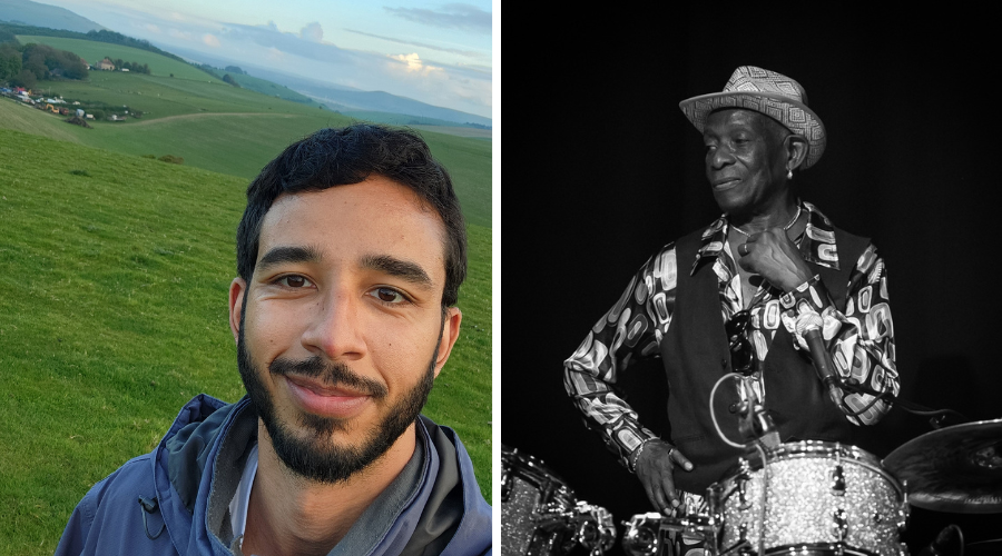 (left) a man in the countryside looking directly at the camera smiling (right) an older, black and white image of a man standing behind a drumkit.