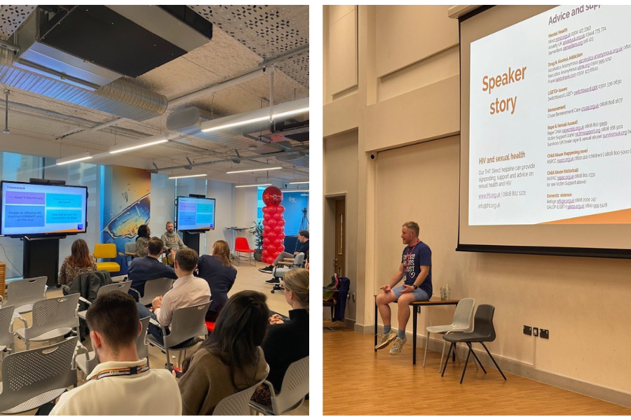 HIV lived experience sessions: a group of people listen to a talk (left) and a man giving a presentation in a hall (right)