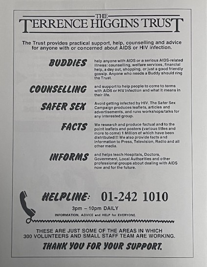 A copy of a THT information leaflet from the 1980s detailing the support offered