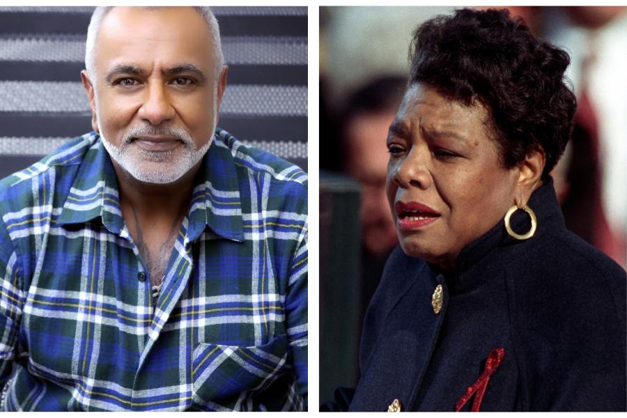 (left) A man looks directly into the camera, smiling slightly (right) a woman, Maya Angelou, talking at an event.