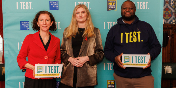 Anneliese Dodds, Mims Davies and Taku of Terrence Higgins Trust.
