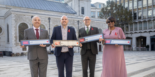 Mark Santos, Richard Angell, Dominic Edwardes and Barbara Tinubu holding City of London Freedom awards