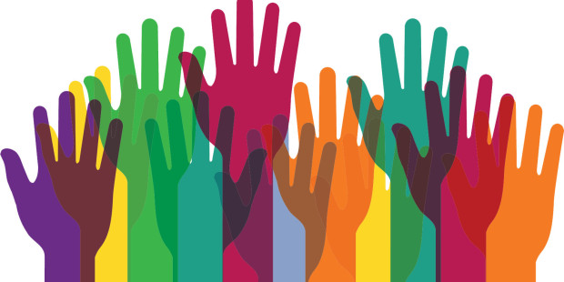 Several translucent hand silhouettes in green, red, yellow, orange and blue on a white background.