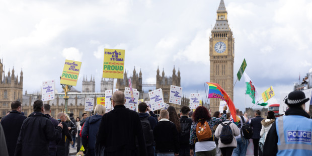 A march on Parliament against HIV Stigma with Big Ben in the background.