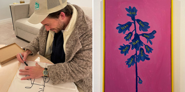 Composite picture of Jonathan Bailey drawing and of Joe Lycett's painting slags