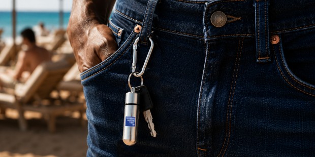A person is standing on a beach with their hand in their jeans pocket. A silver pill holder keyring with the Terrence Higgins Trust logo hangs off a belt loop.