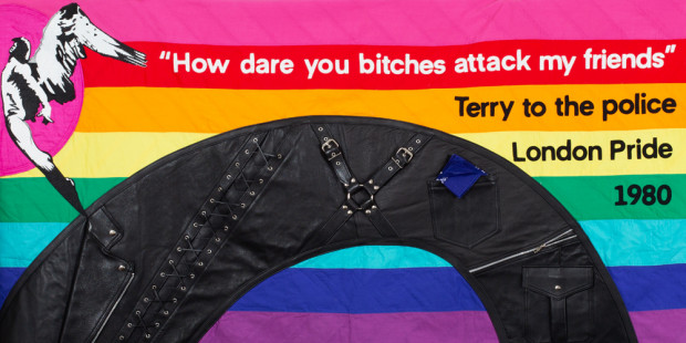 Terry Higgins AIDS Memorial Quilt panel reading "how dare you bitches attack my friends"