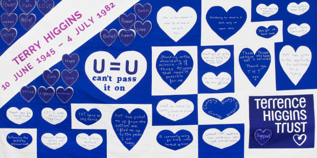 Terry Higgins AIDS Memorial Quilt panel with blue and white hearts and Terrence Higgins Trust logo