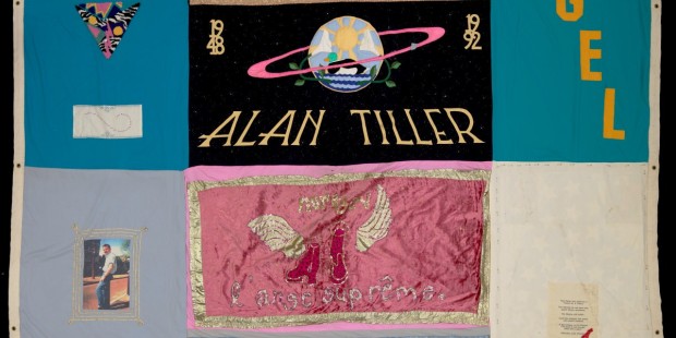 A panel of the UK AIDS memorial quilt. There are 8 panels, with names including Michelle, Nigel, Alan, Scott  and one covered panel