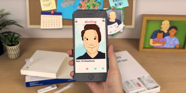 Still from 'AIDS is over if you want it' featuring mobile phone dating app