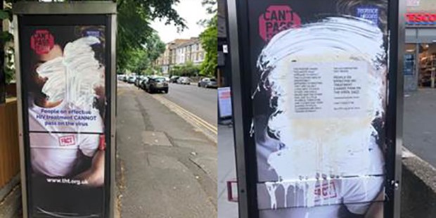 Can't Pass It On telephone box posters vandalised by white-out