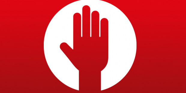 Red hand held up inside white circle