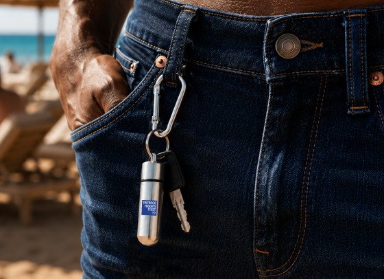 A person is standing on a beach with their hand in their jeans pocket. A silver pill holder keyring with the Terrence Higgins Trust logo hangs off a belt loop.